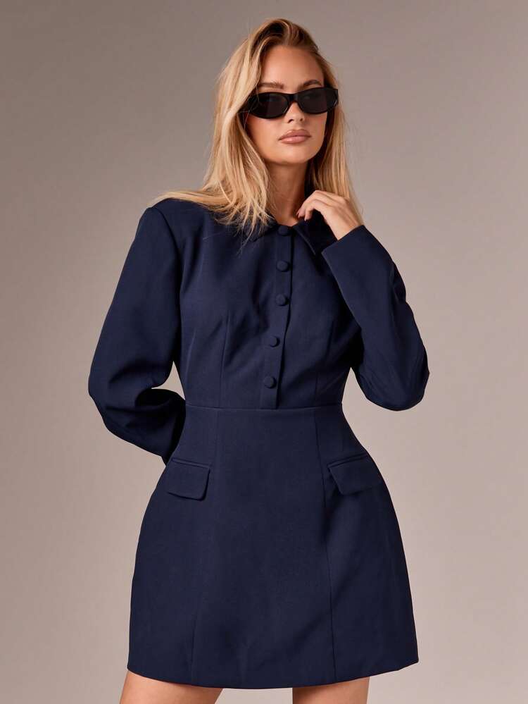 AiiRZ Collared Button Front Mini Dress With Lantern Sleeves