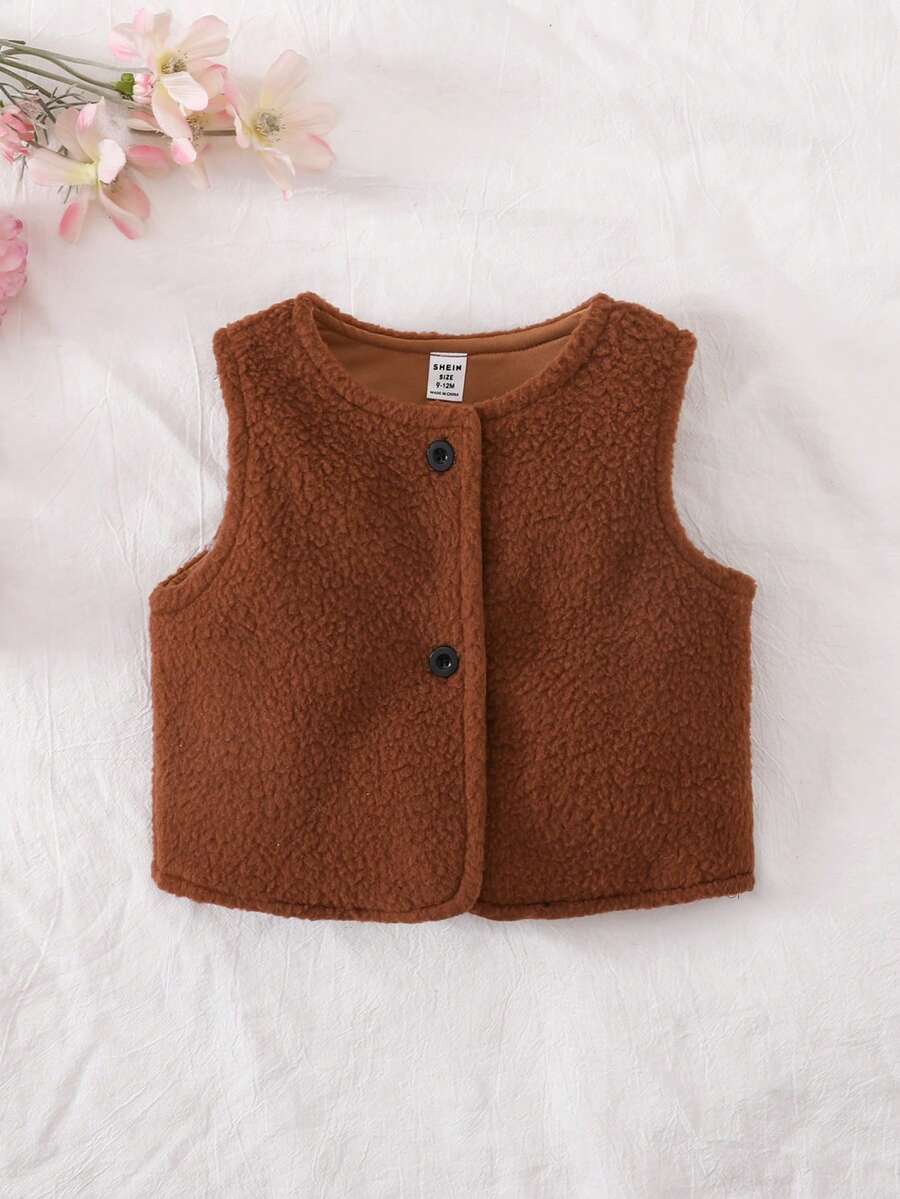 SHEIN Vintaside Kids Baby Girl Button Front Teddy Vest - Khaki - View 1