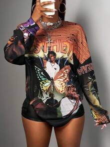 Slaydiva Nuove maglie casual da donna per autunno e inverno, adatte per il ritorno a scuola, costumi di Ognissanti, abbigliamento casual da ufficio, uso quotidiano, t-shirt oversize e morbide con slogan, loghi e stampe di ritratti punk, t-shirt casual di moda da strada per donne stile anni 2000, colore nero - Multicolore - Visualizzare 4