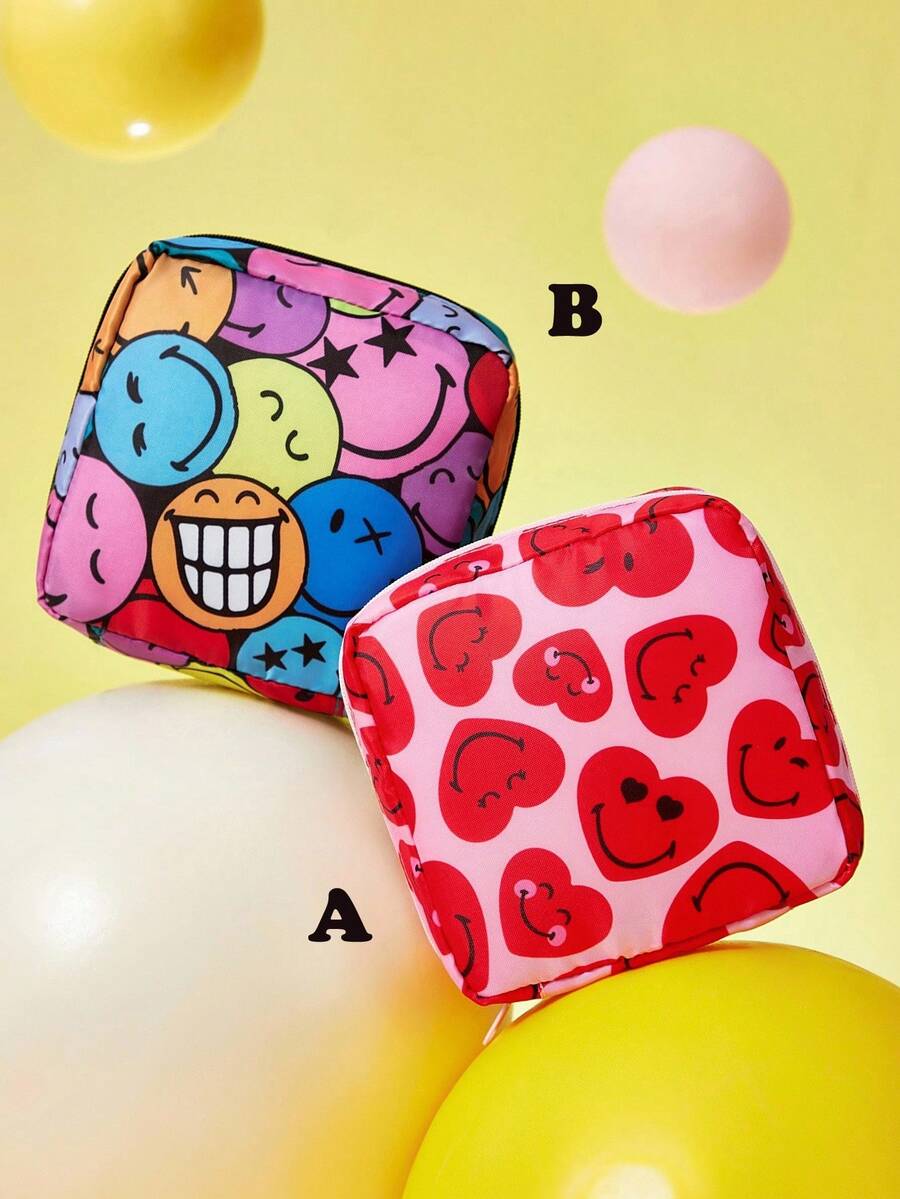 SmileyWorld® | SHEIN 1 件/1 套卡通图案印花涤纶纤维收纳袋,可用作女性卫生收纳袋、数码收纳袋、小物件收纳袋、微笑、爱 - 彩色 - 查看 1
