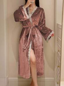 DAZY Butterfly Print Lace Patchwork Loose Long Sleeve Women Sleepwear Robe Pajama - Coral Pink - View 3