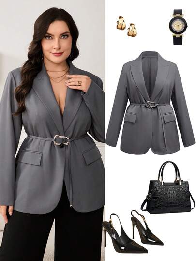 Ellevyn Blazer gris talla grande con cinturón de metal en la cintura, elegante y casual, chic, para Año Nuevo, casual, otoño, invierno, business casual, oficina, trabajo, profesional de negocios, vestimenta de oficina para mujeres, negocios, vestimenta de oficina, otoño 2025 nuevo