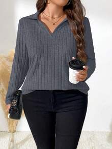 EMERY ROSE Plus Size Solid Color Casual Long Sleeve T-Shirt, Suitable For Spring And Autumn Fall Cloth For Women - Dark Grey - View 5