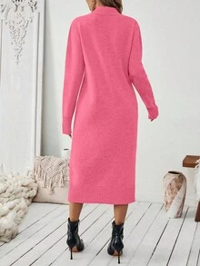 SHEIN Gaun Sweater Panjang Kasual Chic Leher Bulat Warna Fuchsia untuk Wanita - Hot Pink - View 2