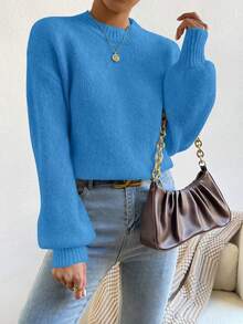EMERY ROSE Women's Bright Blue Round Neck Drop Shoulder Lantern Sleeve Wool Blend Pullover Sweater - Blue - View 6