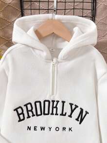 青少年女孩字母刺绣长袖连帽衫和黑色紧身裤休闲装，秋冬 - 白色 - 查看 4