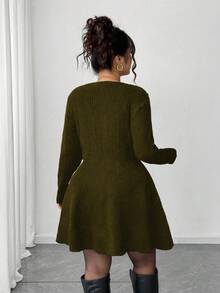 Elenzga Plus Size Fall Solid V-Neck Button Placket Peplum Hem Cardigan - Olive Green - View 2