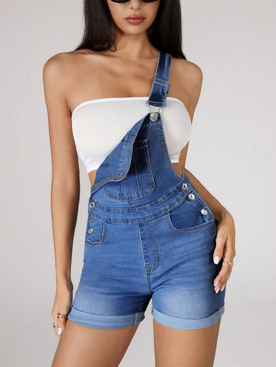 SHEIN ICON 女式休闲百搭牛仔连体裤，带口袋 - 淺色水洗藍 - 查看 1