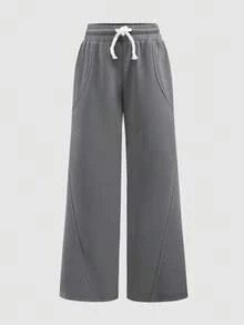 SHEIN Tween Girls' Loose Casual Colorblock Drawstring Pocket Maxi Sweatpants - Black - View 6