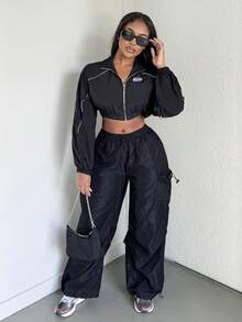 Alexandranx Letter Patched Detail Contrast Piping Crop Black Fall Clothes Women Jacket - Black - View 1