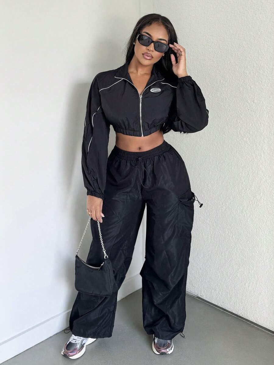 Alexandranx Letter Patched Detail Contrast Piping Crop Black Fall Clothes Women Jacket - Black - View 1
