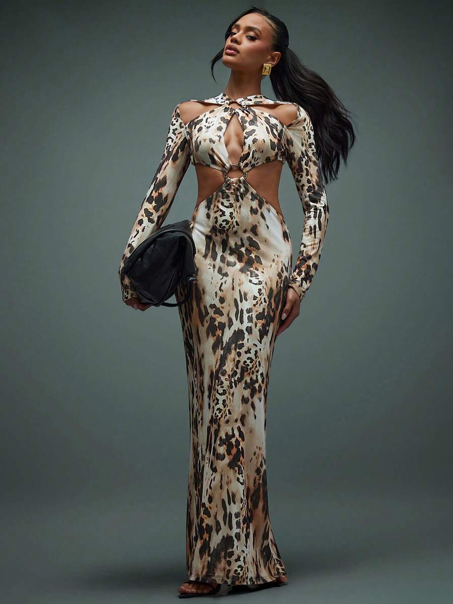 Hauture Women's Sexy Boho Animal Abstract Printed Cut Out Long Sleeve Maxi Dress With Gold Metal Trim - Multicolor - View 1