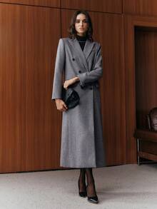Anewsta Nouveau manteau long femme à double boutonnage avec col revers, texturé à rayures et sequins, pour l'automne/hiver, style urbain - Gris - Voir 4