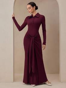 Graceveil 女士勃艮第色 Polo 领褶皱设计优雅长裙，适合秋季正式活动和派对 - 酒紅色 - 查看 3