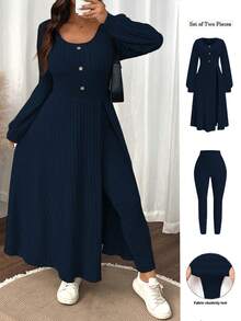 SHEIN LUNE Plus Size Women Solid Color Fuzzy Ribbed Minimalist Casual Autumn/Winter Top And Slim Fit Pants Set - Navy Blue - View 1