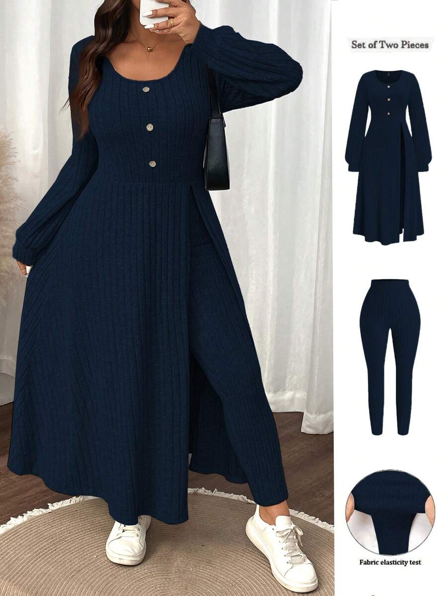 SHEIN LUNE Plus Size Women Solid Color Fuzzy Ribbed Minimalist Casual Autumn/Winter Top And Slim Fit Pants Set - Navy Blue - View 1