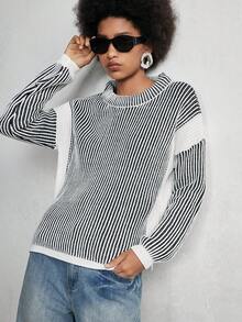SHEIN LUNE Women's Casual Crew Neck Drop Shoulder Long Sleeve Vertical Striped Knit Sweater, Autumn/Winter - Black - View 4