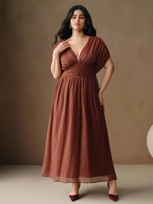 Anewsta Plus Size Women Summer V-Neck Sleeveless Ruched Waist Dress, Suitable For Beach Vacation - Brown - View 7