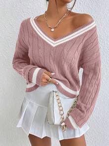 SHEIN PETITE Petite V-Neck Cable Knit Sweater, Long Sleeve Pullover Knitwear Top, Autumn Clothing - Dusty Pink - View 7