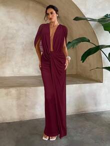 Aloruh 杏色深V领性感垂褶网纱针织无袖连衣裙，婚纱 - 酒紅色 - 查看 3