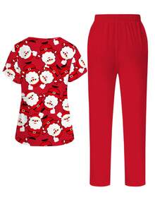 PopScrub Santa Claus Red Cartoon Print V-Neck Short Sleeve Pocket Nurse Scrub Uniform Set For Women - Multicolor - View 2