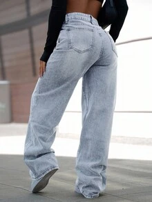 SAYEHFBABY Jeans de mezclilla casuales y cómodos de pierna ancha con bolsillos para mujer - Gris - Ver 2