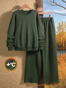 Rusticease Plus Size Women Casual Everyday Commute Simple Solid Color Fleece Dropped Shoulder Loose Pullover Hoodie And Loose Wide Leg Sweatpants 2 Piece Set, Autumn Winter Clothes For Women Winter Clothes For Women Cozy Fall And Winter Clothes For Women