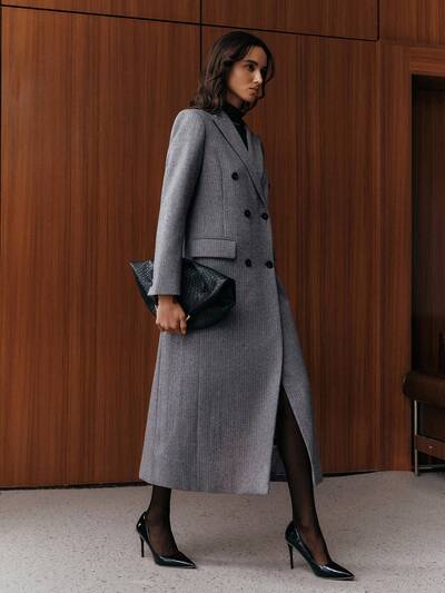 Novo Casaco Longo Feminino de Inverno Urbano com Lapela Dupla, Textura de Listras e Lantejoulas