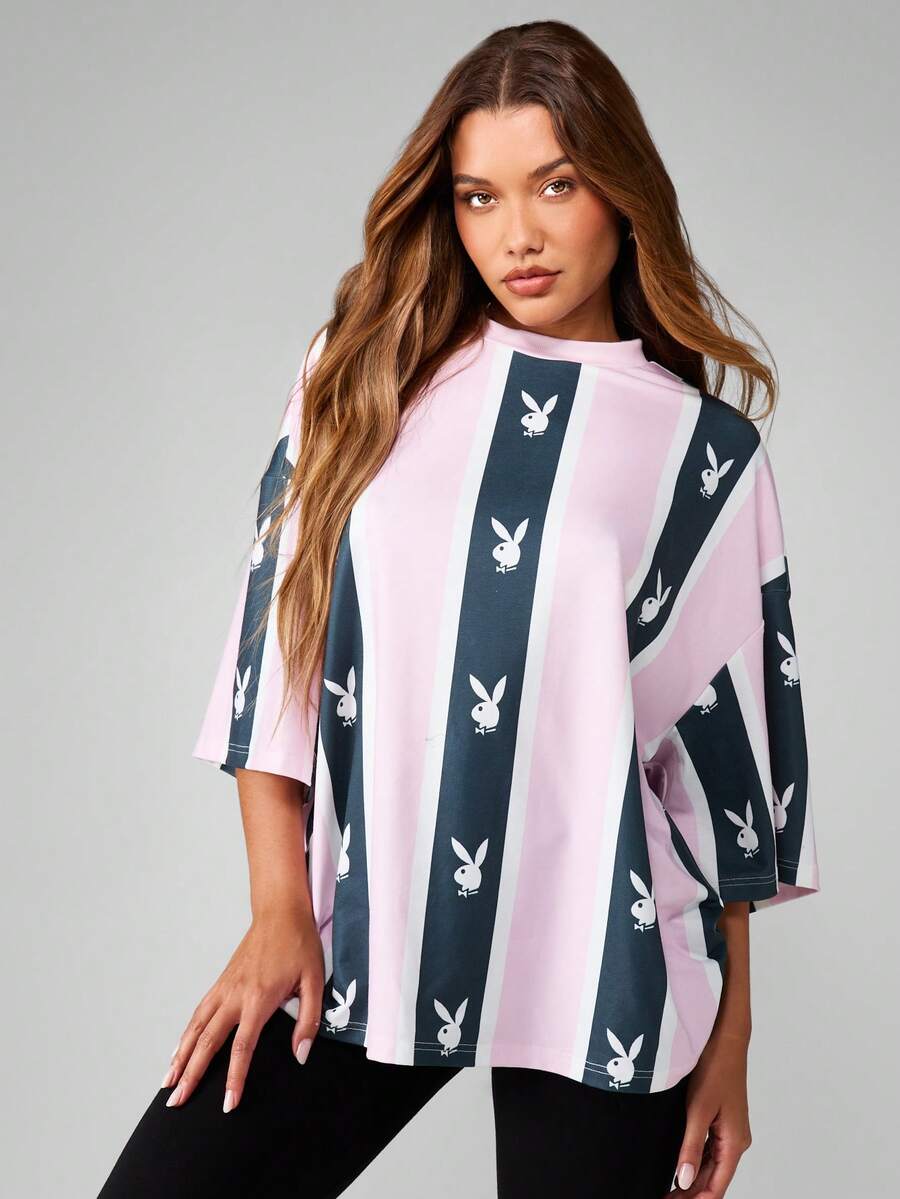 Missguided x Playboy 圣诞条纹印花超大款短袖衬衫 - 彩色 - 查看 1
