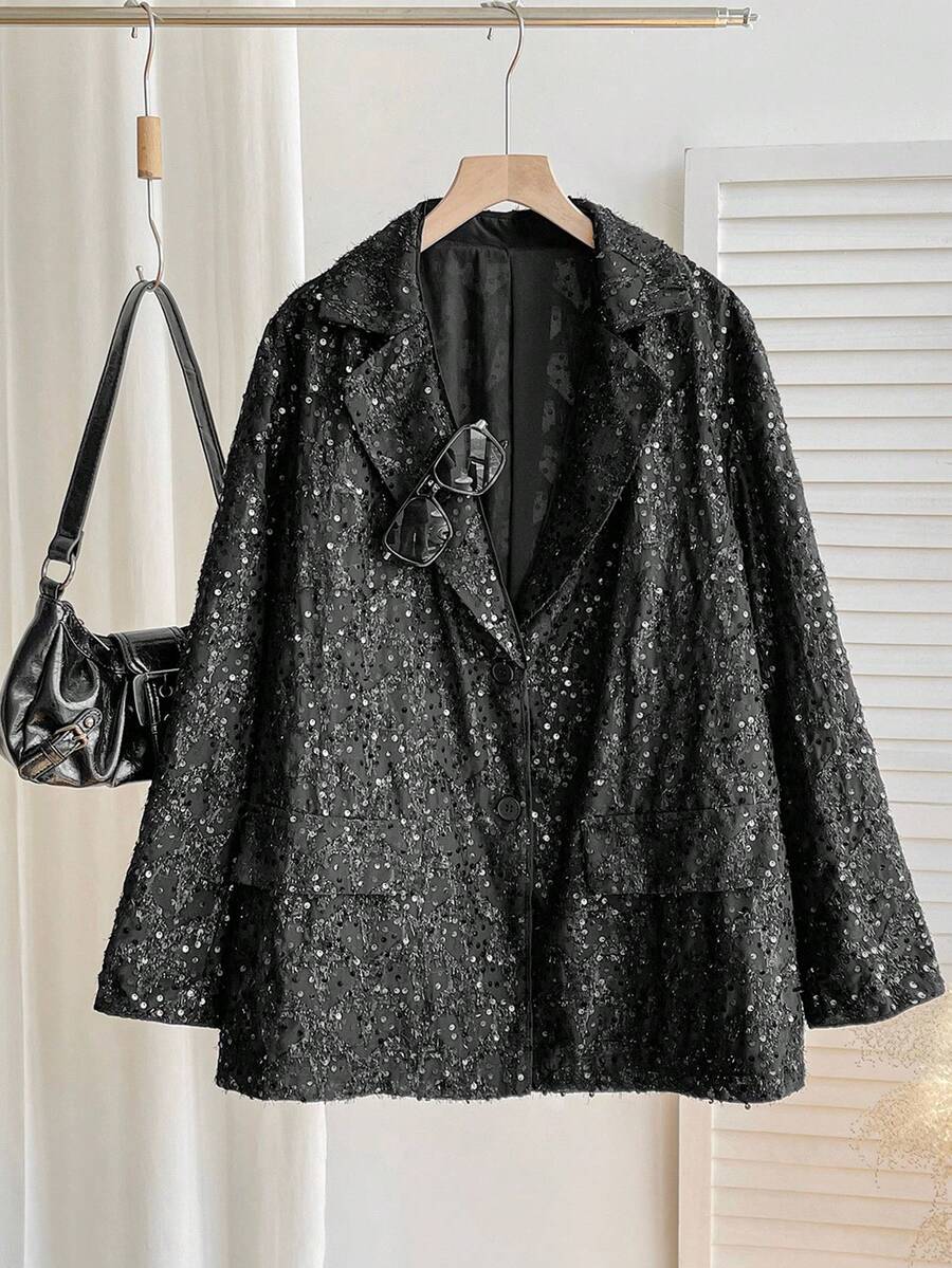 SHEIN EZwear 聖誕大尺碼亮片拼接前扣裝飾奢華長袖西裝外套 秋冬款 - 黑色 - 查看 1