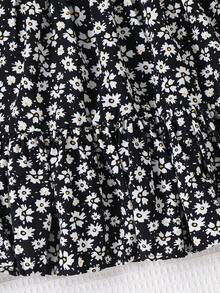 Young Girl Ditsy Floral Ruffle Trim Puff Sleeve Casual Dress - Black - View 10