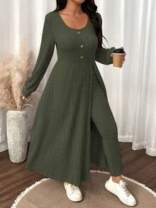SHEIN LUNE Plus Size Women Solid Color Fuzzy Ribbed Minimalist Casual Autumn/Winter Top And Slim Fit Pants Set - Army Green - View 7