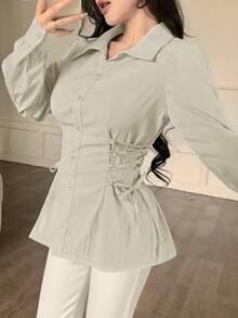 Modelyn 女式纯色长袖单排扣抽绳侧腰系带时尚衬衫 - 杏色 - 查看 6