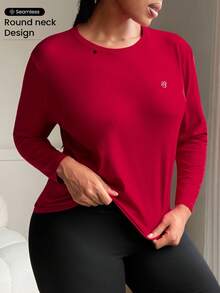 SHEIN Sports Ropa deportiva de manga larga con estampado frontal sin costuras para mujer talla grande - Rojo - Ver 1
