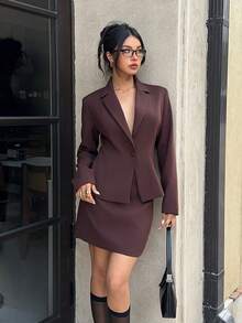 SHEIN EZwear Conjunto de 2 piezas de chaqueta de manga larga con cuello de solapa y falda midi de color café para mujer profesional - Café integral - Ver 1