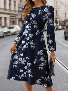 SHEIN Clasi Đầm ôm cổ tròn tay dài họa tiết hoa màu xanh navy dành cho nữ, phù hợp cho mùa thu/đông - Nhiều màu - Xem 1