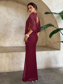 Aloruh 杏色深V领性感垂褶网纱针织无袖连衣裙，婚纱 - 酒紅色 - 查看 2