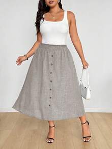 SHEIN EMERY ROSE CURVE 优雅自然风牛仔效果纽扣A字裙 - 杏色 - 查看 4