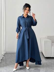 Elenzga Women's Casual Solid Color Long Sleeve Shirt Dress, Autumn/Fall - Blue - View 4