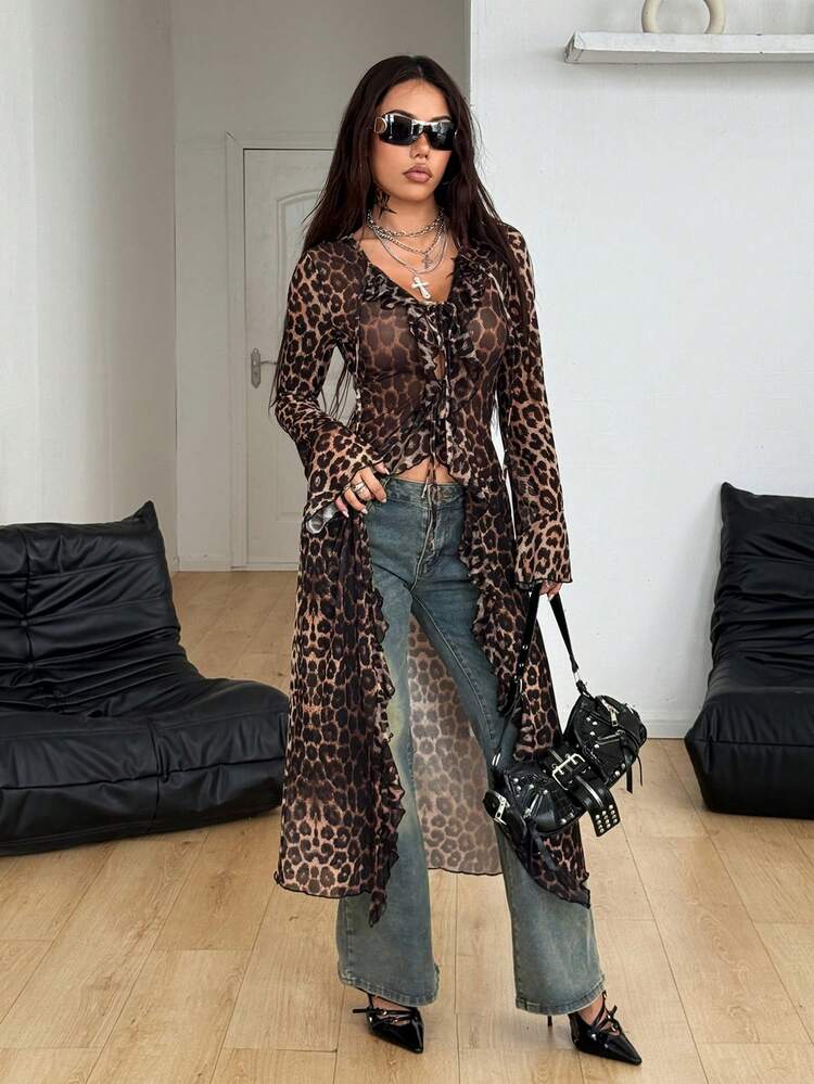 Coolane Abrigo largo de mujer con volantes, cintas y estampado de leopardo, para fiestas rave, ferias del Renacimiento, festivales de música hippie y estilo vintage gyaru, para usar en invierno o todo el año - Marrón - Añade 2