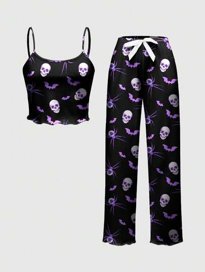 ROMWE Skeleton, Bat, Spider All-Over Print Gothic Style Camisole & Pants Pajama Set, Casual Sleepwear