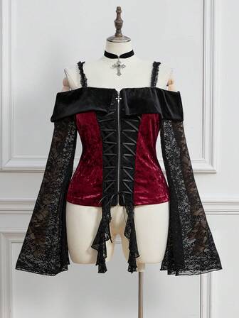 Große Größen Gothic elegante luxuriöse Off-Shoulder Spitze Trompetenärmel Bindeband Kontrast Farbblock Bluse, Herbst/Winter Große Größen Gothic luxuriöse Retro Damen Top