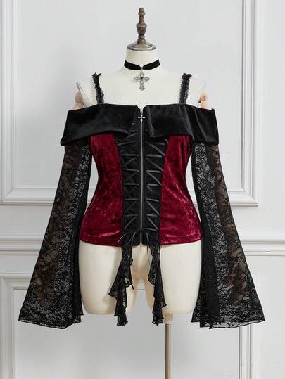 Goth Blusa de encaje con hombros descubiertos, mangas acampanadas y empalmado de color contrastante, talla grande, elegante y lujosa estilo gótico, para otoño/invierno. Top de mujer talla grande, lujoso y retro estilo gótico.