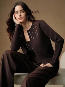 Anewsta 女士时尚珍珠和水钻装饰长袖针织开衫，秋冬款 - 咖啡棕 - 查看 3
