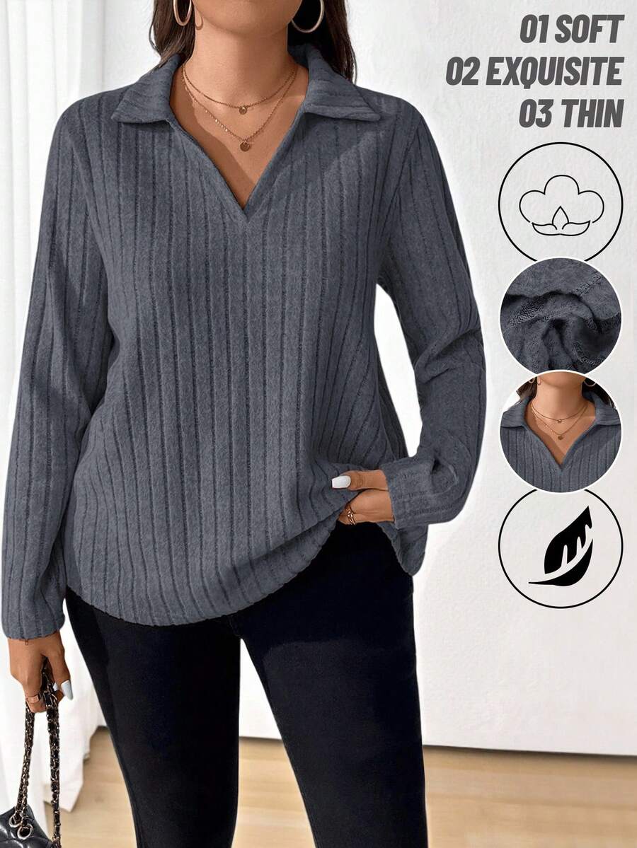 EMERY ROSE Plus Size Solid Color Casual Long Sleeve T-Shirt, Suitable For Spring And Autumn Fall Cloth For Women - Dark Grey - View 1