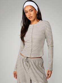 MISSGUIDED Striped Ribbed Button Through Co Ord Matching Set Long Sleeve Top Wide Leg Pants Casual Lounge Outfit - Multicolor - View 3