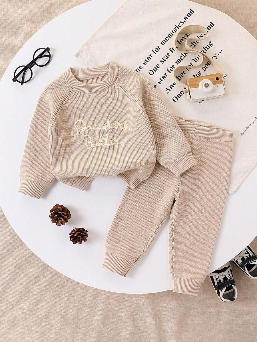 2pcs/Set Toddler Boys' Knitted Crew Neck Sweater Set,Infant Fashion Letter Embroidery Long Sleeve Top+Knit Pants,Beige Autumn Modest Holiday Outfit - Khaki - View 1