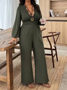 Weeklong Damen Große Größen Lässig V-Ausschnitt Spitze Destroyed Jumpsuit mit Langarm - Armeegrün - Übersicht 5