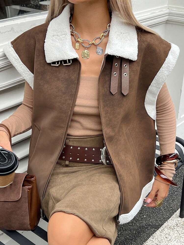 Women's Autumn/Winter Loose Fit Sherpa Fleece Vest, Business Casual Street Style Stand Collar Jacket, Regular Outerwear Women Coats