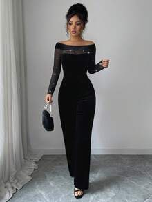 Elenzga Elegant Casual Commuter Off Shoulder Mesh Patchwork Faux Pearl Waist Tight Jumpsuit For Women, Autumn/Winter